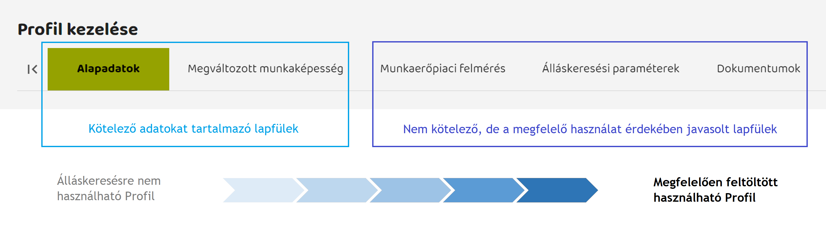 A profil feltöltés főbb lépései A profil feltöltés főbb lépései - Alapadatok | Megváltozott munkaképesség | Munkaerőpiaci felmérés | Álláskeresési paraméterek | Dokumentumok