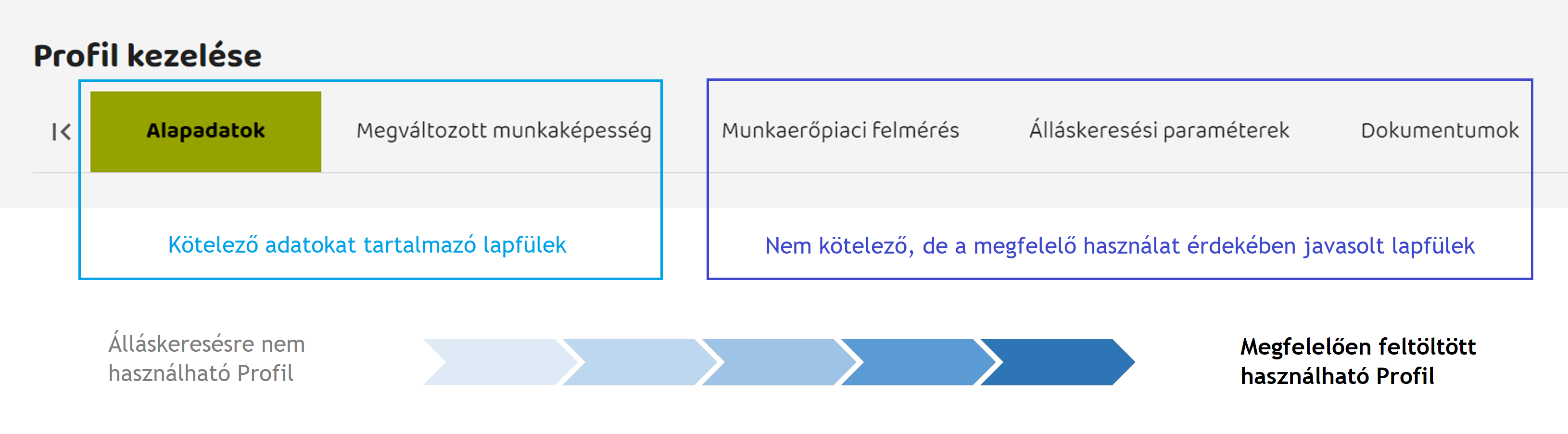 A profil feltöltés főbb lépései - Alapadatok | Megváltozott munkaképesség | Munkaerőpiaci felmérés | Álláskeresési paraméterek | Dokumentumok